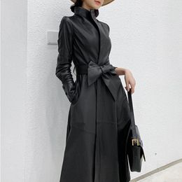 Women's Leather Pu Jacket Women Fashion Korean Slim Belt Long Trench Coat High Street Black Overcoat Female Coats Zm