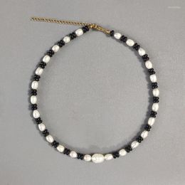 Choker Handmade Oval Natural Pearl Necklace Black Stone Freshwater Mix And Match Retro Simple Neck Accessories Party Banquet