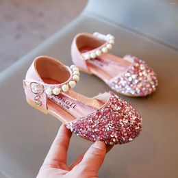 Flat Shoes Infant Kids Baby Girls Sandals Pearl Crystal Bling Bowknot Single Princess Footwear ChildrenToddler Enfant First Walkers