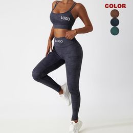 Active Sets Tie Dye Print Private Logo High Waist Yoga Set Tummy Control Leggings Sports Bra Naked Feeling Soft Non See-Through Woman 2