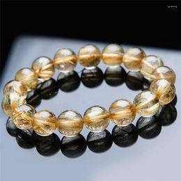 Strand 13mm Natural Yellow Gold Hair Titanium Rutilated Quartz Crystal Round Bead Jewellery Man Woman Stretch Bracelet