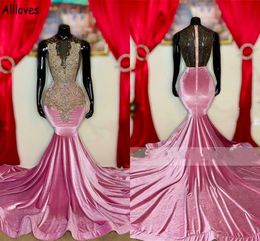 Stunning Crystals Beading Mermaid Evening Dresses Pink Velvet Saudi Arabia Special Occasion Prom Gowns Sexy Illusion Back Second Reception Formal Dress CL1315