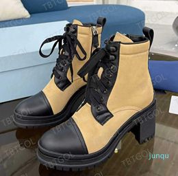 Designer Plaque Boots Lace Up platform Ankle Boot Women Nylon Black Leather Combat Boots High Heel Winter Boot 7.5cm 9.5cm 011