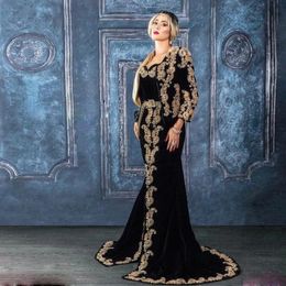 Black Mermaid Evening Dresses With Jacket Gold Lace Appliques Formal Gown Front Split Islam Traditional Wears 326 326