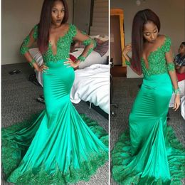 Sexy Mermaid Prom Dresses Green Jewel Neck Illusion Plus Size Arabic Lace Appliques Crystal Beads Long Sleeves Satin Evening Formal Party Dress 403
