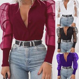 Women's Blouses Women Sexy Long Sleeve See-through Shirts Casual Blouse Mesh Transparent Top Shirt Autumn Clothing V-neck