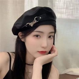 Berets Summer Satin Beret For Women Wholesale Plain Painter Cap Classic Thin Light Slouchy Black Hat With Buckle