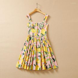 Casual Dresses European And American Women's Summer 2022 Sleeveless Lemon Print Condole Belt Fashionable Pleated Cotton Dress