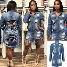 QNPQYX New Fashion Women Ladies Long Sleeve Casual Denim Jacket Coat Outwear Blue Hole Ripped Long Blouse Top Plus Size S M L XL 2XL 3XL