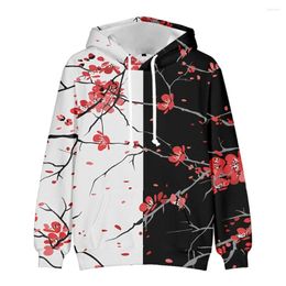 Men's Hoodies Red Plum Printed Black White Splicing Long Sleeve Sweatshirt Fashion Casual Women Men Pullover Harajuku Streetwear