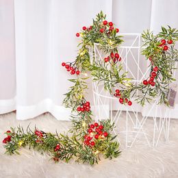 Decorative Flowers 2m Pine Needles Foam Red Berries Artificial Plant Vine With LED Light String Christmas Tree Window Home Decoration Fake