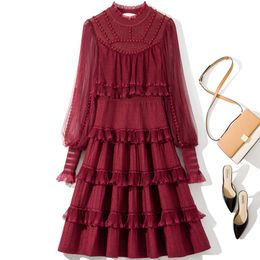 2022 Autumn Stand Collar Knitted Solid Color Panelled Dress Black / Red Long Sleeve Rhinestone Knee-Length Casual Dresses Y2O176619