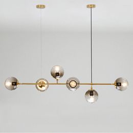 Chandeliers Modern LED Restaurant Chandelier Nordic Living Room Bar Smoke Grey Glass Ball Gold Wrought Iron Lamp 90-260V