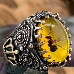 Wedding Rings Wedding Rings Vintage Big Oval Natural Agate Stone Ring For Men Retro Inlaid Yellow Red Zircon Ant Women Band Turkish Dhqvj