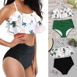 Women's Swimwear Women's Two-Piece Bikini Swimsuits For Pool White Ruffles Halter Vintage Beachwear Bahting Suit 2022 Female Push Up