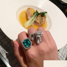 Wedding Rings Wedding Rings Fashion Trend Personality Animal Leopard Ring Woman Square Green Zircon Bride Luxury Jewelry Holiday Gif Dhgjv