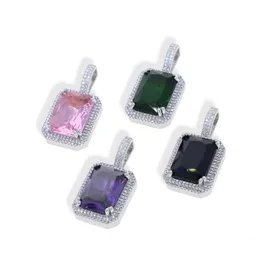 Big Colorful Cz Pendant Necklace with Rope Chain Paved 5A Blue Purple Green Pink Cubic Zircon Stone for Women Men Fashion Hip Hop Jewelry