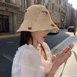 Wide Brim Hats 2022 Japan Korea Crochet Beach Straw Hat Women Summer Cherry Sunshade Fisherman Breathable Bucket