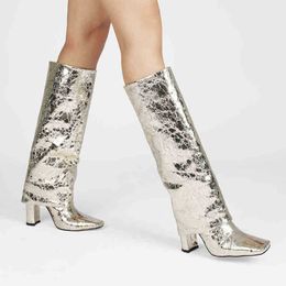 Boots European and American Style Thick Heeled Folding High Boots Without Laces Silver Boots Large Size Women's Shoes in Winter 220913