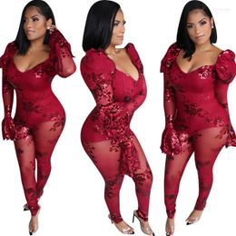 Women's Jumpsuits Women's & Rompers Sequin Gilding Women Skinny V-Neck Long Flared Sleeve Mesh See Through Sexy Night Club Outfits