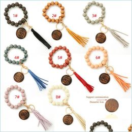 Keychains Lanyards Mothers Day Letters Printing Wooden Bead Bracelet Keychain Sunflower Wristlet Beads Womens Keychains 8 Colors G Dhflb