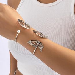 Bangle 2Pcs/Set Kpop Silver Colour Butterfly Cuff Bracelets Bangles Imitation Pearl Friendship For Women Charm Wrist Jewellery