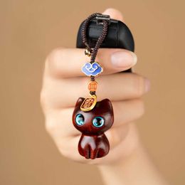 Keychains Ebony Cute Anime Cat Keychain for Women Men Mobile Phone Bag Chain Wooden Pendant Bell Handmade Jewellery Accessories Llaveros G221026