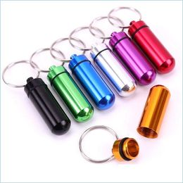 Keychains Lanyards Waterproof Keychain Aluminum Pill Box Case Bottle Cache Holder Container Keyring Medicine Package Health Care D Dhbtt