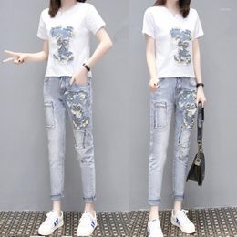 Women's Tracksuits 2022 Women Embroidery Beaded 3D Flowers T-shirts Jeans Sets Summer Short Sleeve Tshirts Holes Denim Pant Costumes Suits