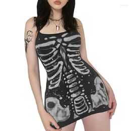 Casual Dresses 2022 Summer Women Spaghetti Strap Sleeveless Bone Printed Mini Y2k Aesthetic Punk Graphic Dress Gothic