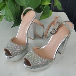 Olomm 2023Handmade Women Platform Sandals Ankle Strap Rhinestone Chunky Heels Round Toe Gorgeous Silver Party Shoes US Size 5-20