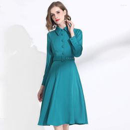 Casual Dresses Ladies Dress Long Sleeves 2022 Spring Turn Down Collar Solid Colour Slim Waistbelt A-Line Classy Over The Knees M-XXL Cyan