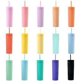 16oz Acrylic Tumblers Colorful Water Bottles With Straws Plastic Drinking Cups Double Insulated Glass BPA Free A12