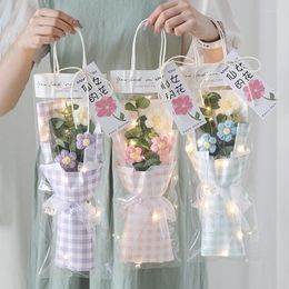 Decorative Flowers Hand-Knitted Crochet Bouquet Milk Cotton Artificial Flower PVC Gift Bag Led Light String Set Creative Handicraft Home