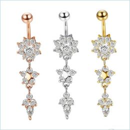 Navel Bell Button Rings Sexy Belly Bars Button Rings Piercing Crystal Flower Body Jewellery Navel Ring Golden Accessories 6 Styles D Dhgb3