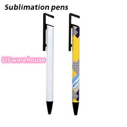 US Warehouse Sublimation Pens Blank Heat Transfer Ballpoint Pen with Shrink Wrap White Aluminium Customised Clip Pen School Supplies Z11