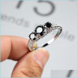 Wedding Rings Wedding Rings Classic Black Stone Ring Sier Color Round For Women Bands Cute Zircon Promise Engagement Party Jewelrywe Dhfus