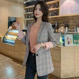 Women's Suits Spring Autumn Fashion Women Long Sleeve Plaid Blazers Casual Single Button Mid-Length Office Lady Slim Jacket Coat 2022