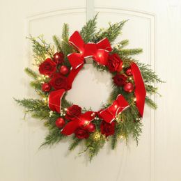 Decorative Flowers Ornaments Door Hanging Festival Decorate Christmas Wreath Garland Simulation Wall Decoration Style Green Red Ribbon