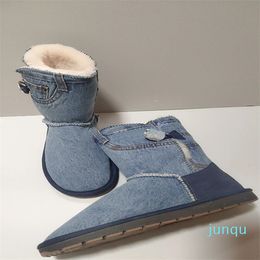 Designer denim blue snow boots women's winter cotton shoes plus velvet 2022 new stitching thick bottom non-slip warm flat snow boots