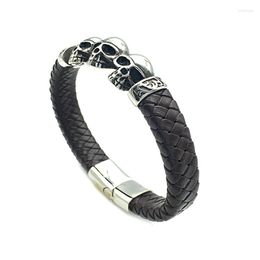 Charm Bracelets Fashion Men Bracelet Stainless Steel Three Skull Black Synthetic Leather Rope Hand Male Vintage Jewelr BG-009