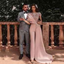Pink Prom Dresses Jumpsuit with Side Train Floral Beaded Arabic Aso Ebi Stain Special Ocn Gown Short Sleeve Outfit Evening Dress