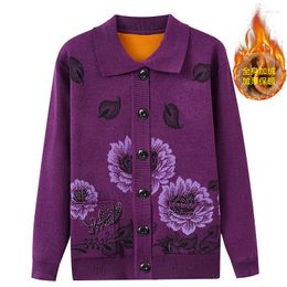 Women's Knits Mother Autumn Winter Thick Clothes Knitwear Long Sleeve Flower Printing Button Sweater Cardigan Plus Size Soft Warm Coat Top