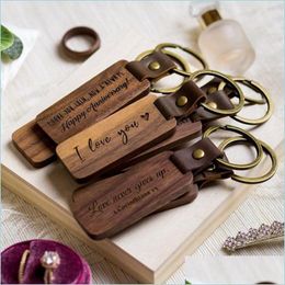 Keychains Lanyards Personalized Leather Keychain Pendant Beech Wood Carving Keychains Lage Decoration Key Ring Diy Thanksgiving Fa Dhbg8