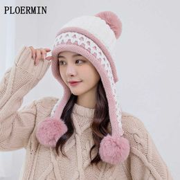 Beanie/Skull Caps Ski Cap 2021 Winter Knit Hat For Women Girls Sweet Lovely Warm Ear Protection Wool Caps Balaclava Pompom Bonnet Skullies Beanies T221020