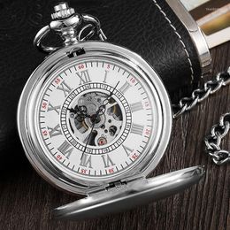 Pocket Watches Vintage Smooth Silver Roman Numerals Men Mechanical Watch With Chain Skeleton Luxury Retro Hand Wind Fob Gift