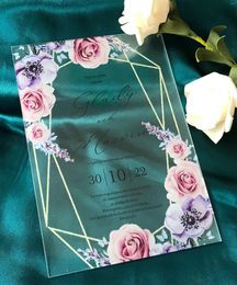 Party Supplies Acrylic Quinceanera Invitation Custom Purple Rose Peony Wedding Invite Birthday Baptism