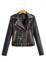 Women's Leather Autumn Women Vintage Faux Soft Short Jacket With Belt Streetwear Motor Biker Pu Coat Retro Outwear