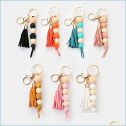 Keychains Lanyards Fashion Beads Keychains For Women Girls Simple Summer Sil Wood Beaded Pendant Tassel Keychain Accessory Gifts D Dhfmp