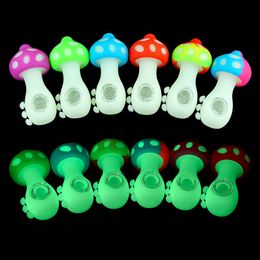 4.3inch Mushroom Hand Pipes With Glass Bowl Glow In Dark Colored Food Grade Unique Silicone Tobacco Spoon Pipe Dab Rig Water Bongs